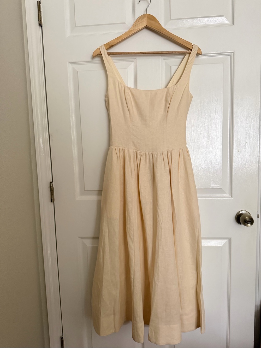 Reformation Janu Linen Sleeveless Cream Midi Dress with Square Neck